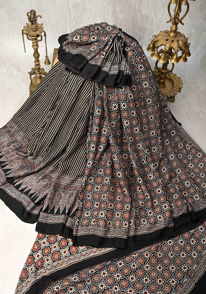 Black Hand Block Print on Modal Silk Half Ajrakh and Half Stripes Design Saree
