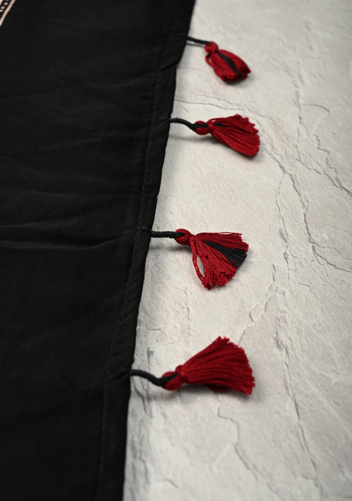 Black Hand Block Print on Modal Silk Half Ajrakh and Half Stripes Design Saree
