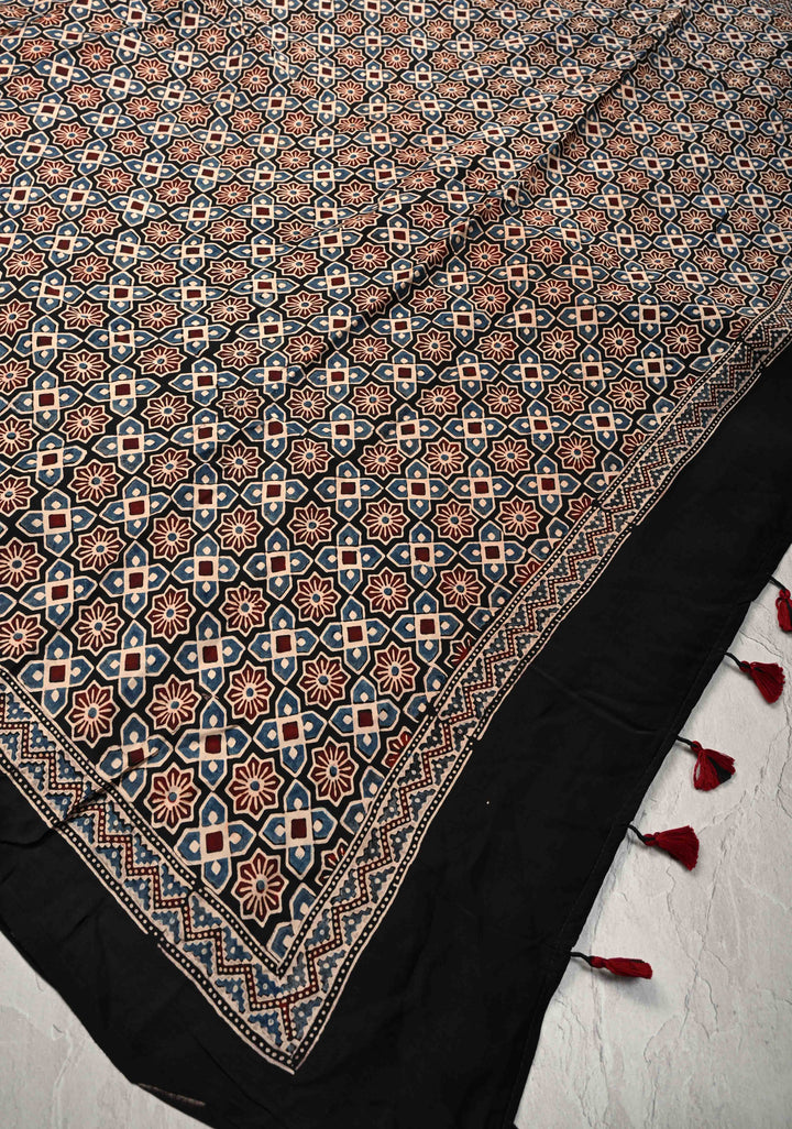 Black Hand Block Print on Modal Silk Half Ajrakh and Half Stripes Design Saree
