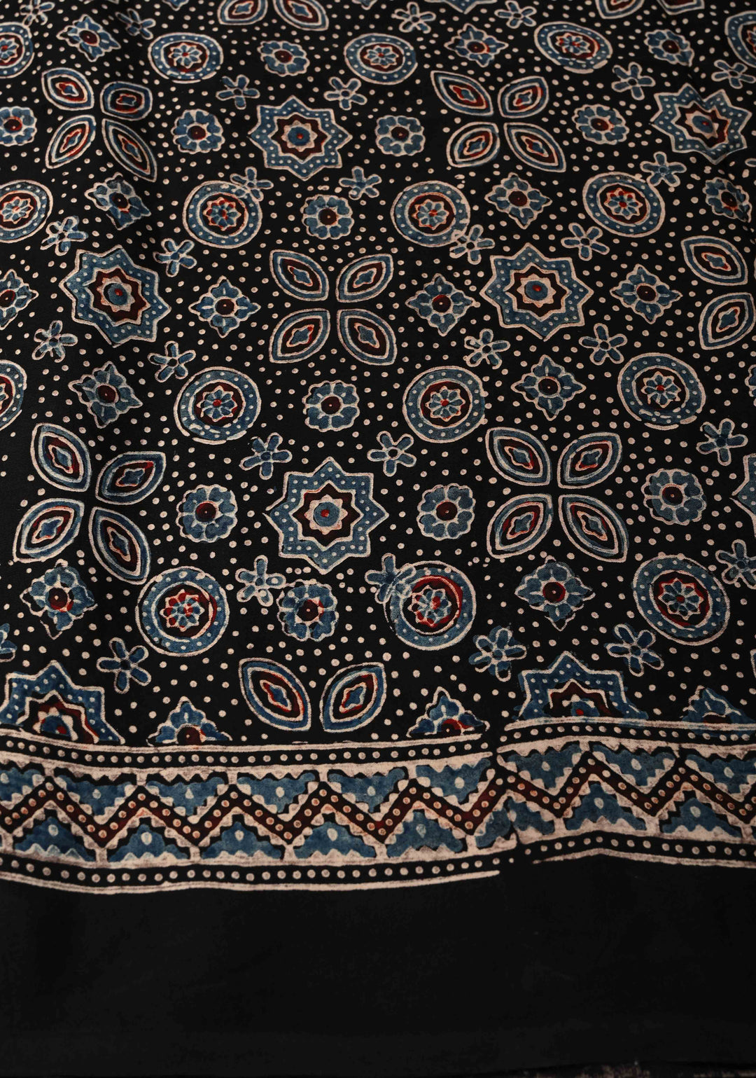 Black Hand Block Print on Modal Silk Half Ajrakh and Half Stripes Design Saree