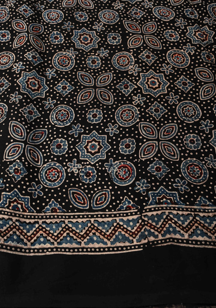 Black Hand Block Print on Modal Silk Half Ajrakh and Half Stripes Design Saree