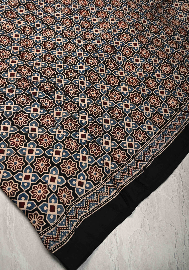 Black Hand Block Print on Modal Silk Half Ajrakh and Half Stripes Design Saree