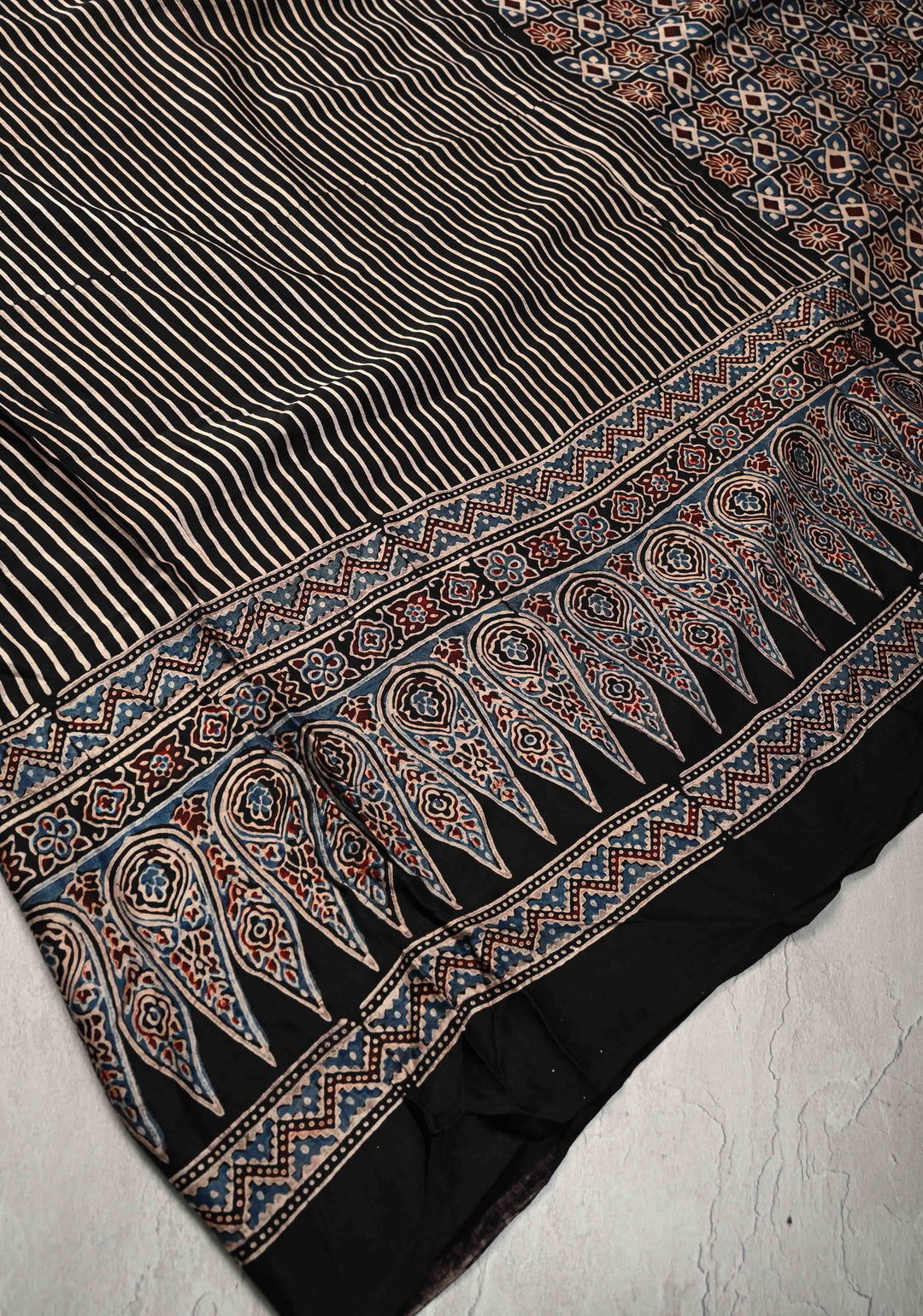 Black Hand Block Print on Modal Silk Half Ajrakh and Half Stripes Design Saree