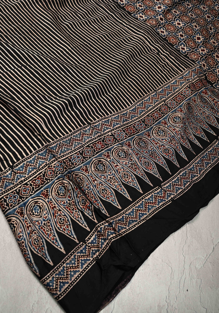 Black Hand Block Print on Modal Silk Half Ajrakh and Half Stripes Design Saree