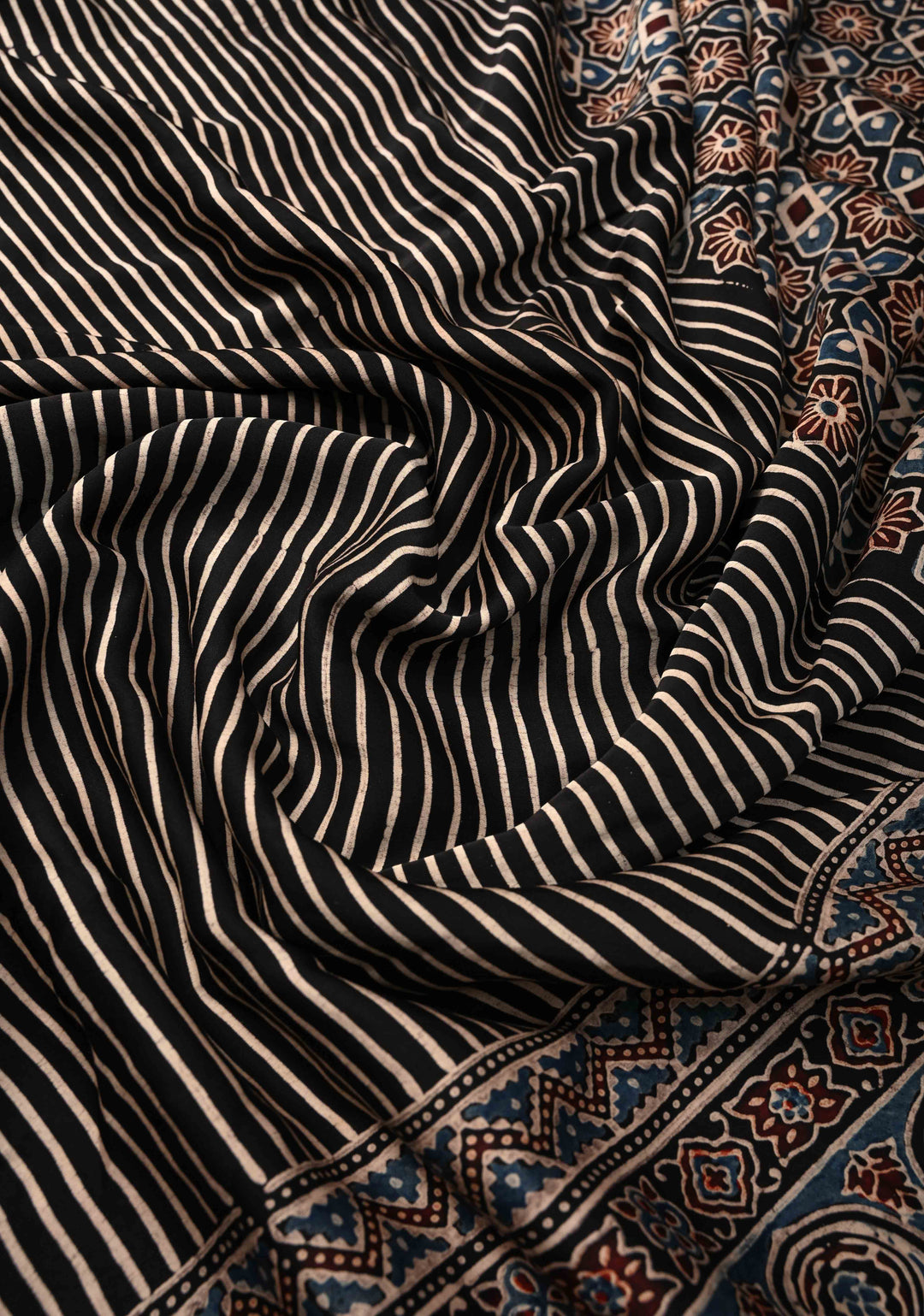 Black Hand Block Print on Modal Silk Half Ajrakh and Half Stripes Design Saree