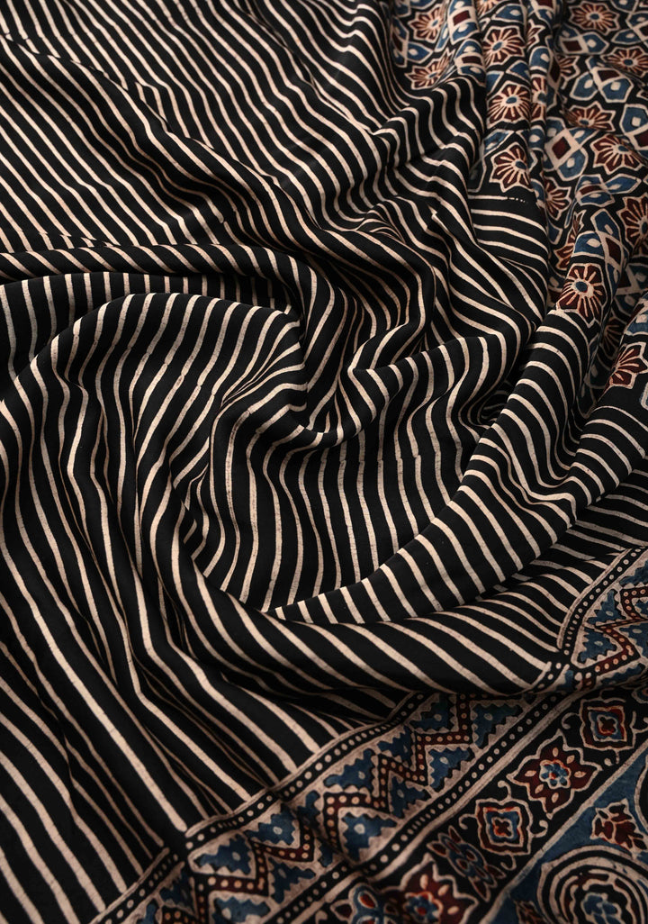 Black Hand Block Print on Modal Silk Half Ajrakh and Half Stripes Design Saree