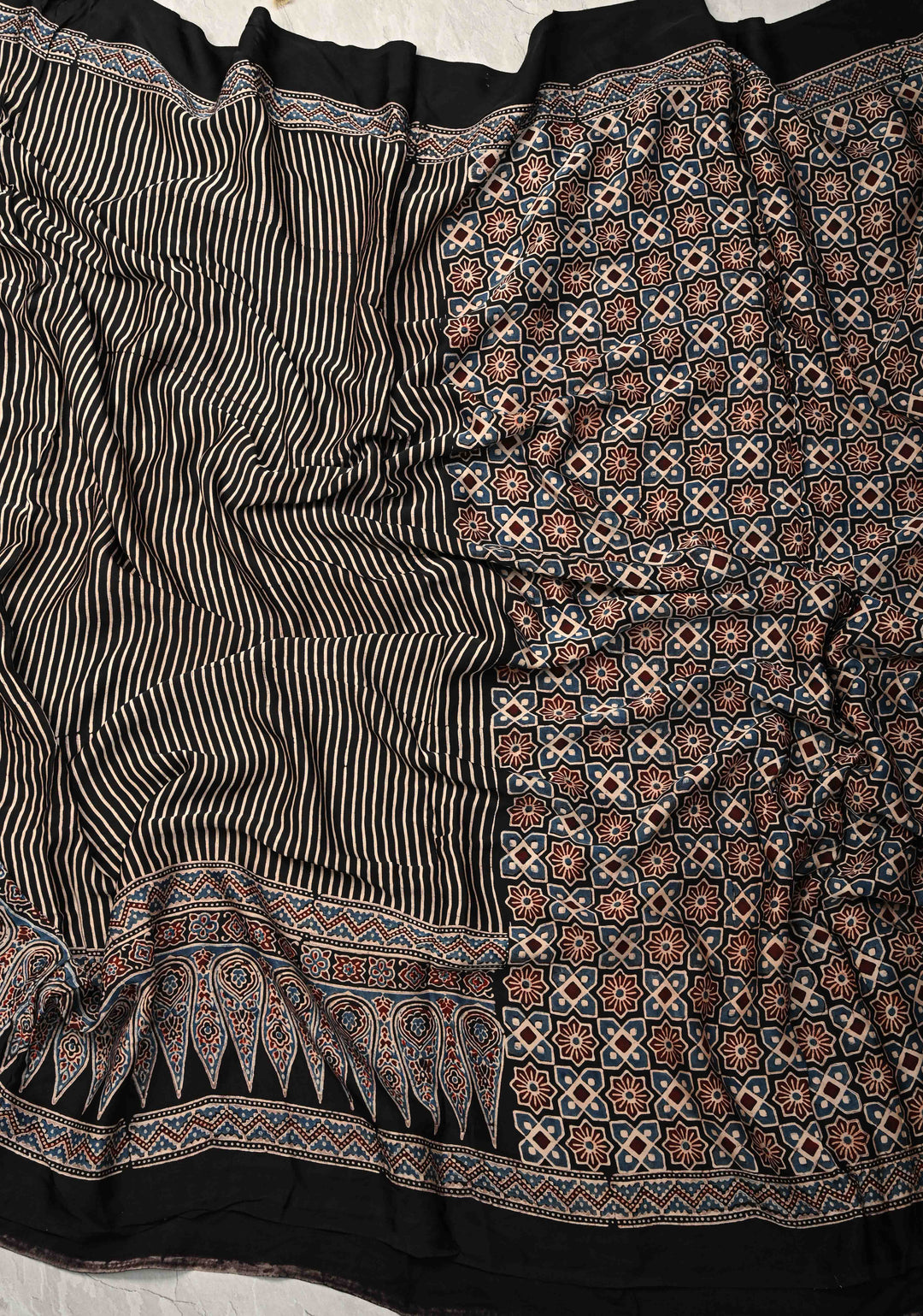 Black Hand Block Print on Modal Silk Half Ajrakh and Half Stripes Design Saree