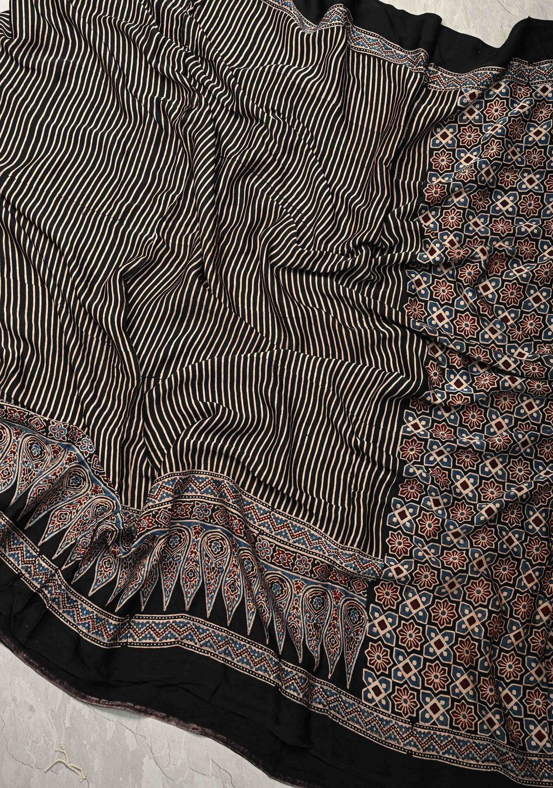 Black Hand Block Print on Modal Silk Half Ajrakh and Half Stripes Design Saree