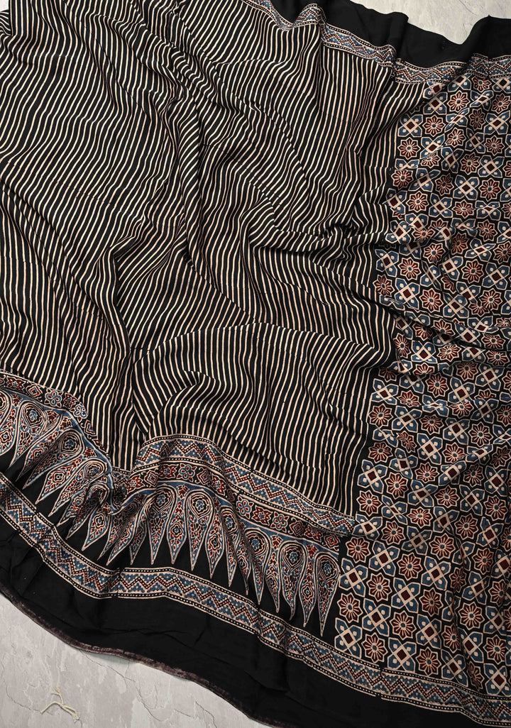 Black Hand Block Print on Modal Silk Half Ajrakh and Half Stripes Design Saree