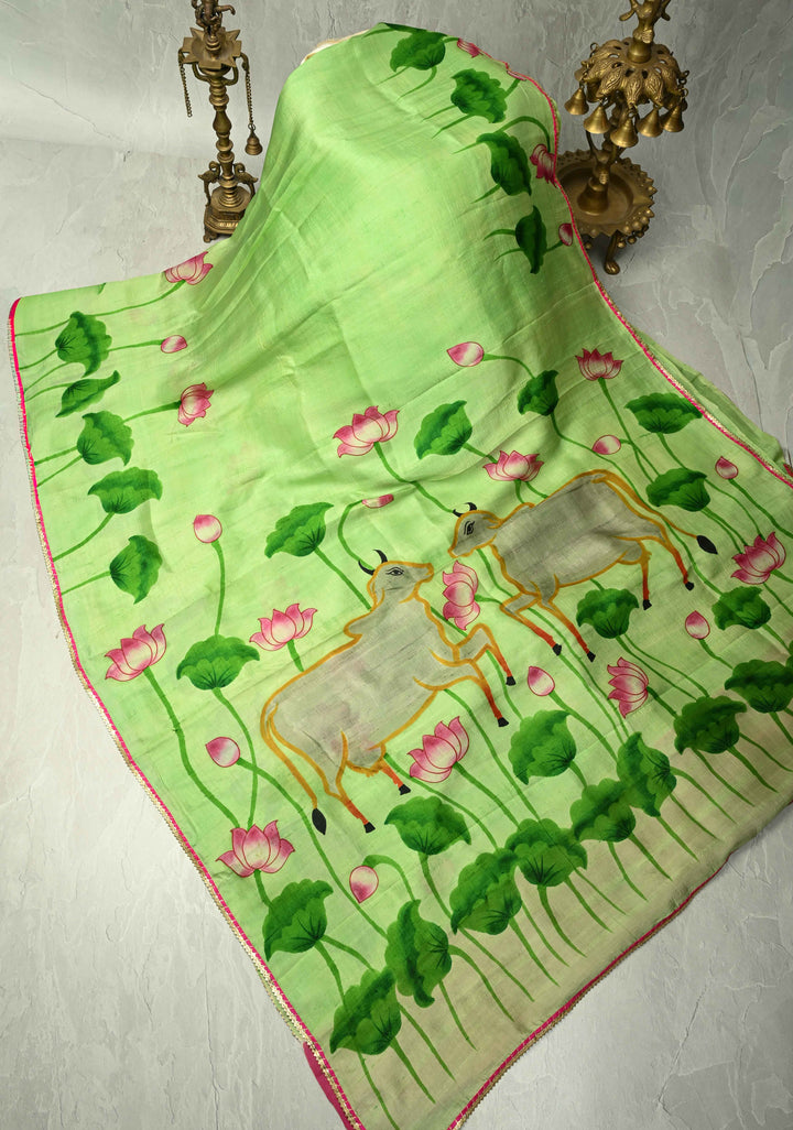 Vermilion Orange Pure Tussar Silk Saree with Kalamkari Lotus Hand Painted and Pichwai Motifs on Pallu | SILK MARK CERTIFIED (Copy)