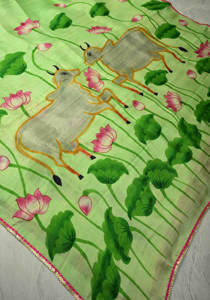 Vermilion Orange Pure Tussar Silk Saree with Kalamkari Lotus Hand Painted and Pichwai Motifs on Pallu | SILK MARK CERTIFIED (Copy)