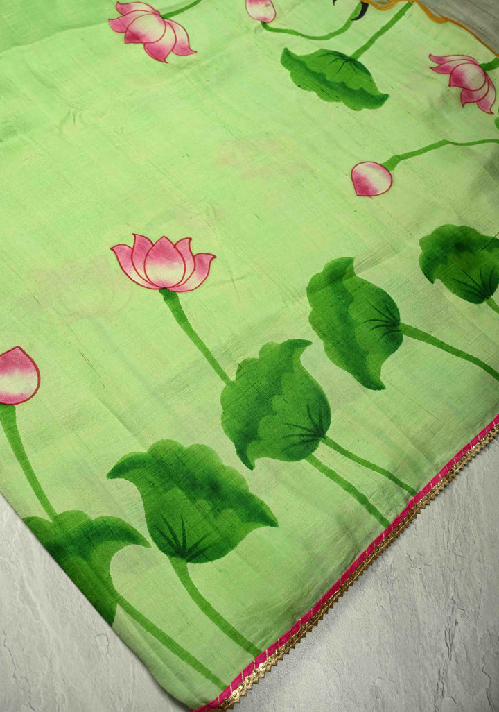 Vermilion Orange Pure Tussar Silk Saree with Kalamkari Lotus Hand Painted and Pichwai Motifs on Pallu | SILK MARK CERTIFIED (Copy)