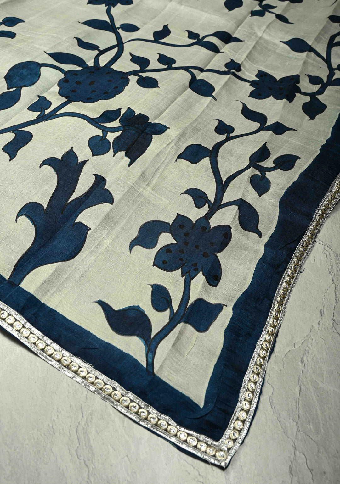 Ivory Pure Handloom Tussar Silk saree with Blue Pottery Design with Gotta Lace Border | SILK MARK CERTIFIED