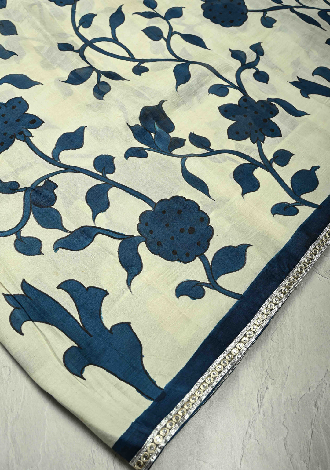 Ivory Pure Handloom Tussar Silk saree with Blue Pottery Design with Gotta Lace Border | SILK MARK CERTIFIED