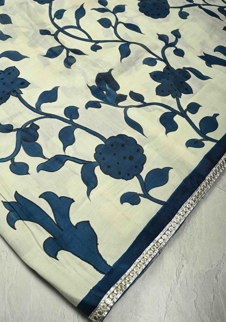 Ivory Pure Handloom Tussar Silk saree with Blue Pottery Design with Gotta Lace Border | SILK MARK CERTIFIED