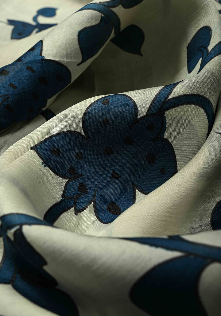 Ivory Pure Handloom Tussar Silk saree with Blue Pottery Design with Gotta Lace Border | SILK MARK CERTIFIED