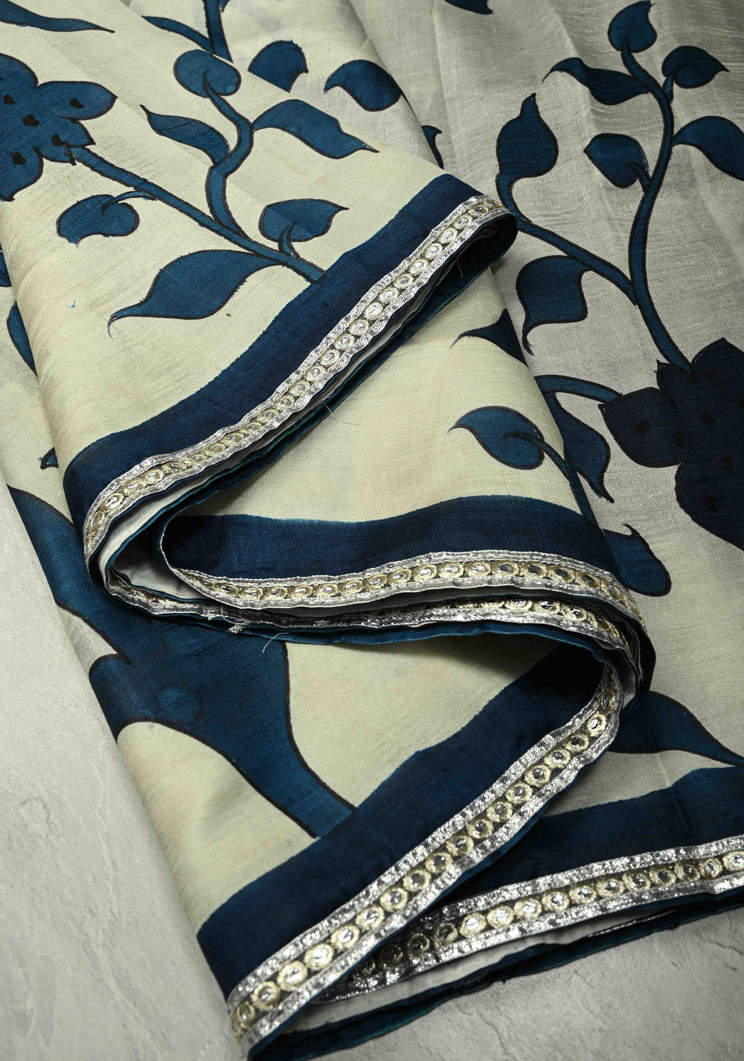 Ivory Pure Handloom Tussar Silk saree with Blue Pottery Design with Gotta Lace Border | SILK MARK CERTIFIED