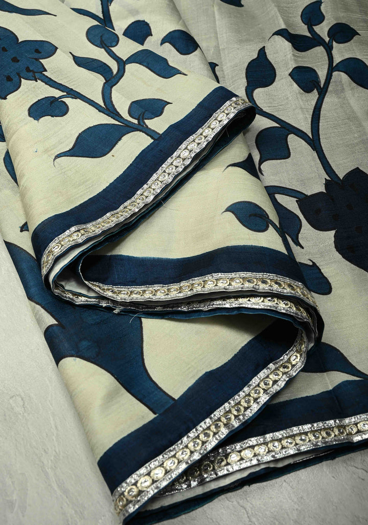 Ivory Pure Handloom Tussar Silk saree with Blue Pottery Design with Gotta Lace Border | SILK MARK CERTIFIED