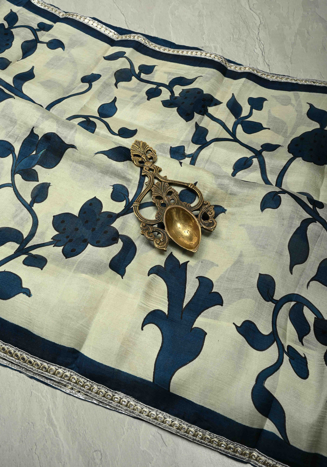 Ivory Pure Handloom Tussar Silk saree with Blue Pottery Design with Gotta Lace Border | SILK MARK CERTIFIED