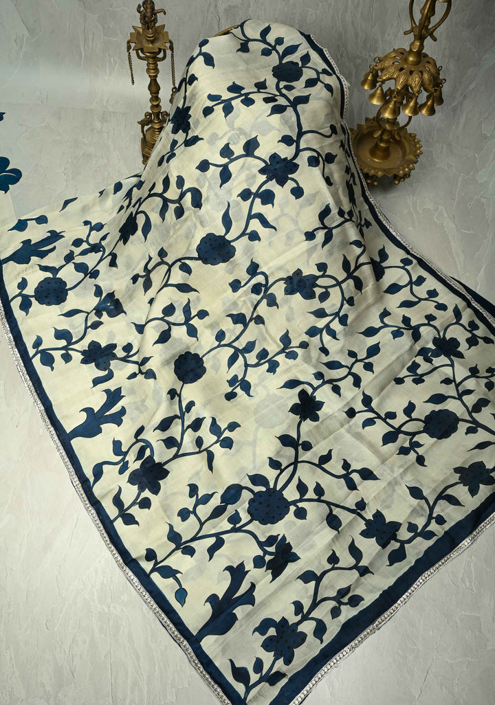 Ivory Pure Handloom Tussar Silk saree with Blue Pottery Design with Gotta Lace Border | SILK MARK CERTIFIED