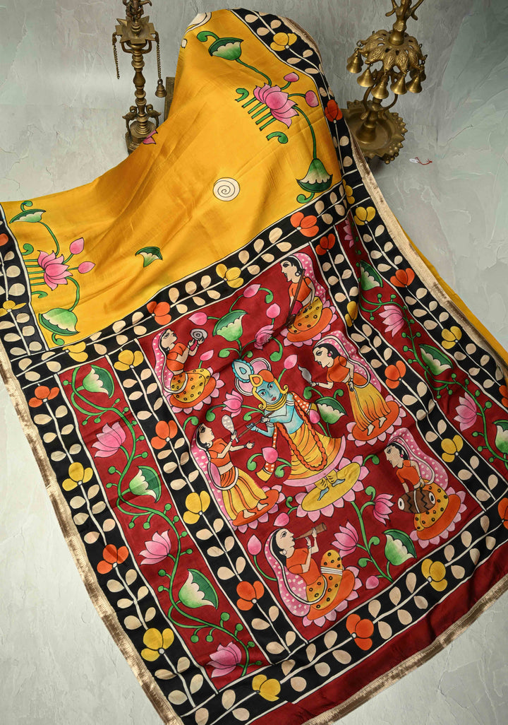 Prussian Blue Pure Handloom Tussar Silk saree with Kalamkari Pichawai Handpainted | SILK MARK CERTIFIED (Copy)