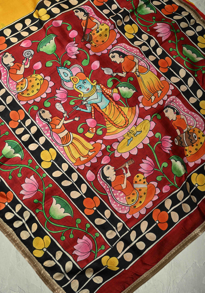 Prussian Blue Pure Handloom Tussar Silk saree with Kalamkari Pichawai Handpainted | SILK MARK CERTIFIED (Copy)