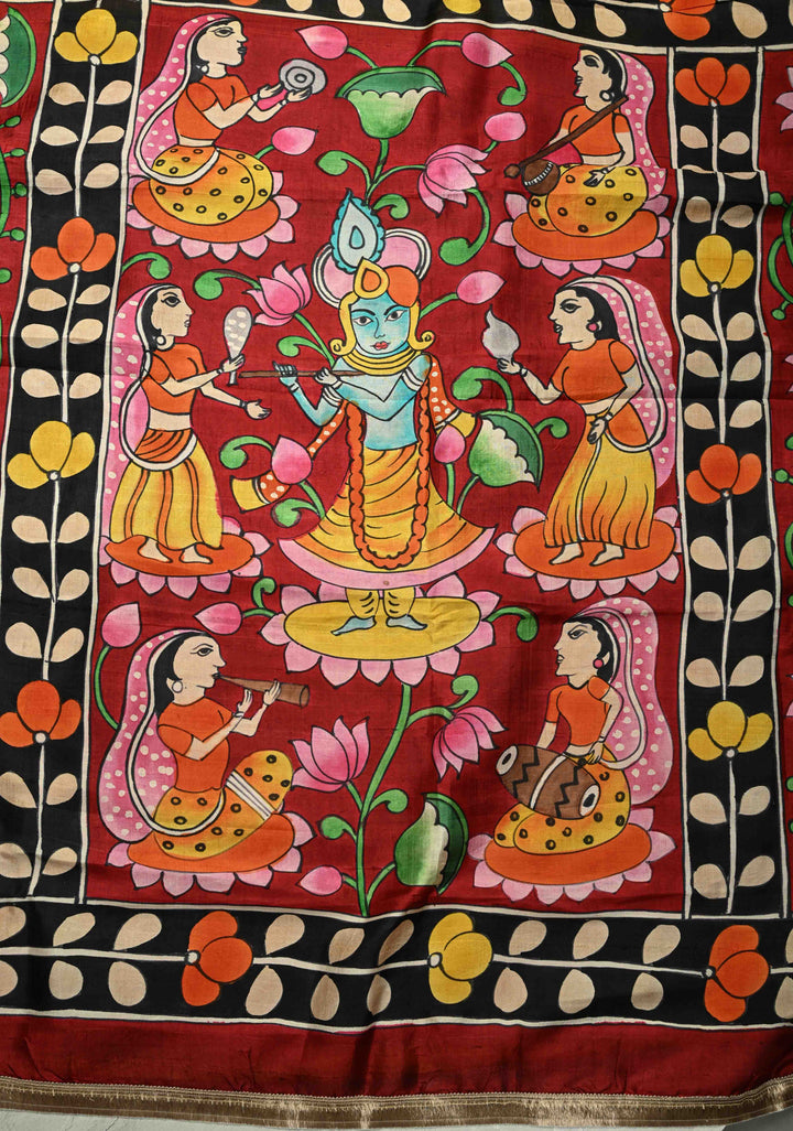 Prussian Blue Pure Handloom Tussar Silk saree with Kalamkari Pichawai Handpainted | SILK MARK CERTIFIED (Copy)