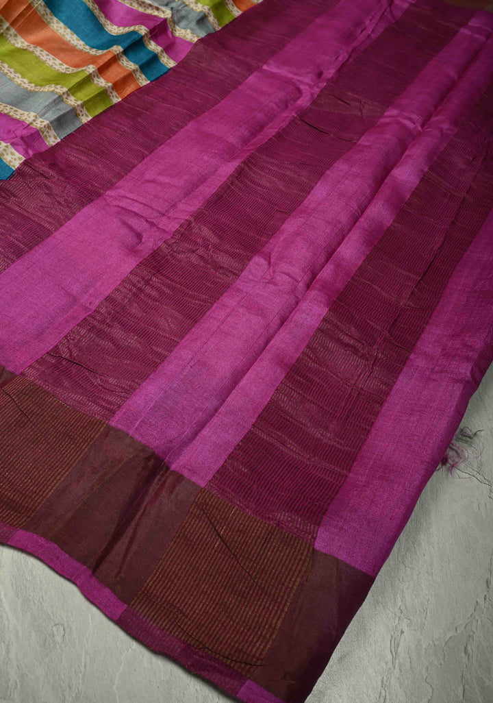 Multicolor Pure Handloom Jari Tussar Silk Saree with Blockprint and Zari Border | SILK MARK CERTIFIED