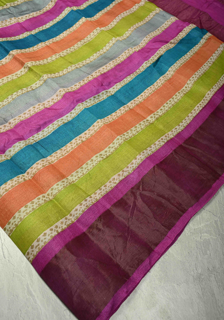 Multicolor Pure Handloom Jari Tussar Silk Saree with Blockprint and Zari Border | SILK MARK CERTIFIED