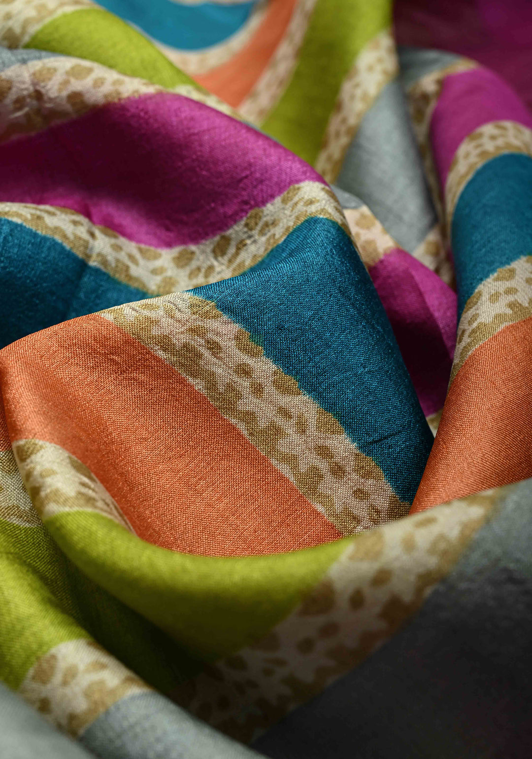 Multicolor Pure Handloom Jari Tussar Silk Saree with Blockprint and Zari Border | SILK MARK CERTIFIED