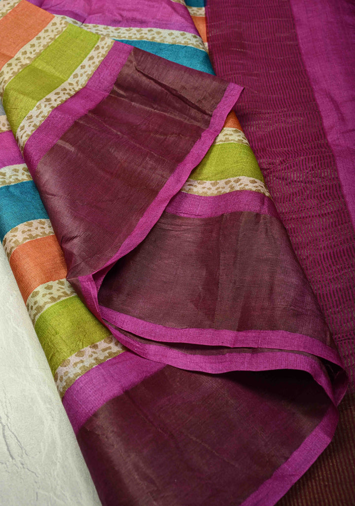 Multicolor Pure Handloom Jari Tussar Silk Saree with Blockprint and Zari Border | SILK MARK CERTIFIED