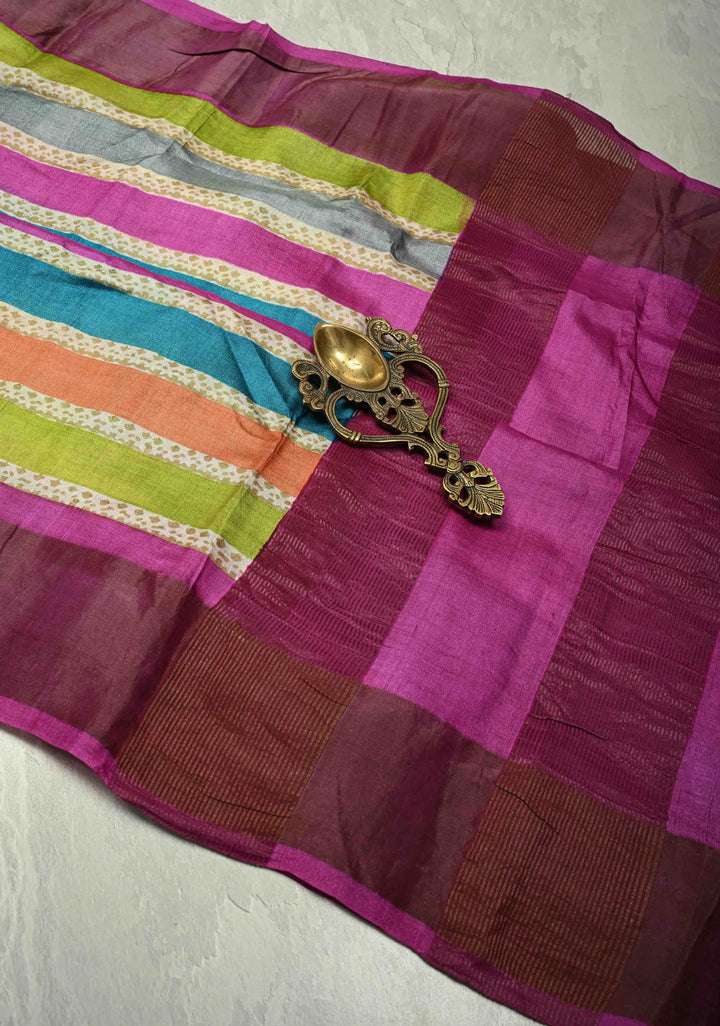 Multicolor Pure Handloom Jari Tussar Silk Saree with Blockprint and Zari Border | SILK MARK CERTIFIED