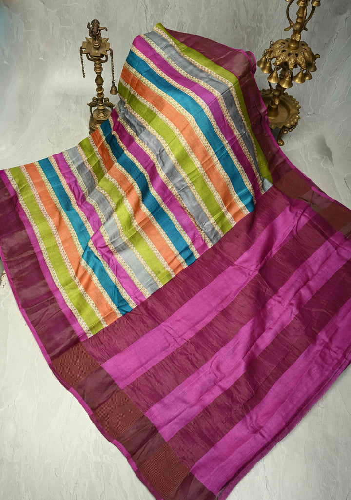 Multicolor Pure Handloom Jari Tussar Silk Saree with Blockprint and Zari Border | SILK MARK CERTIFIED