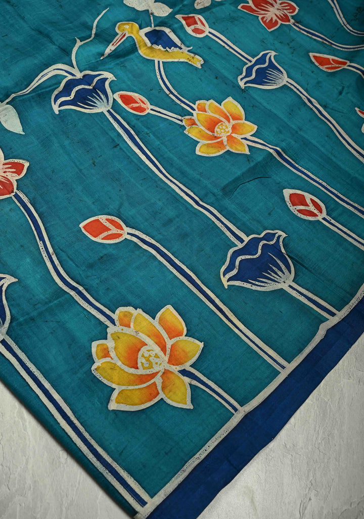 Black Hand Wax Batik Print on JLightweight Tussar Silk saree with Krishna and Peacock Feather Design | SILK MARK CERTIFIED (Copy)