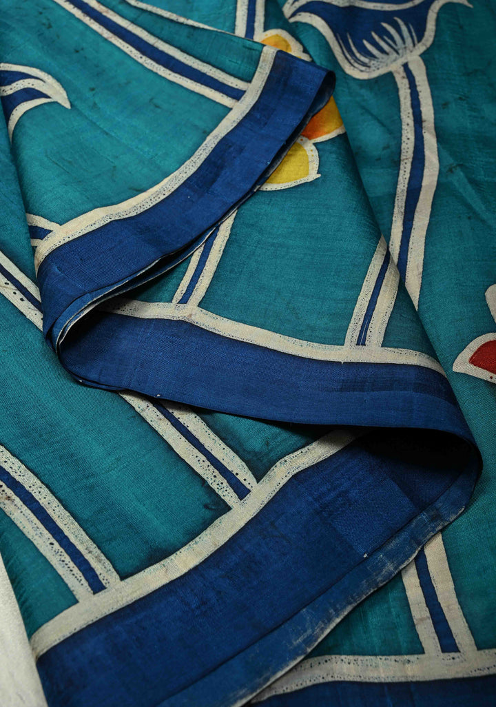 Black Hand Wax Batik Print on JLightweight Tussar Silk saree with Krishna and Peacock Feather Design | SILK MARK CERTIFIED (Copy)