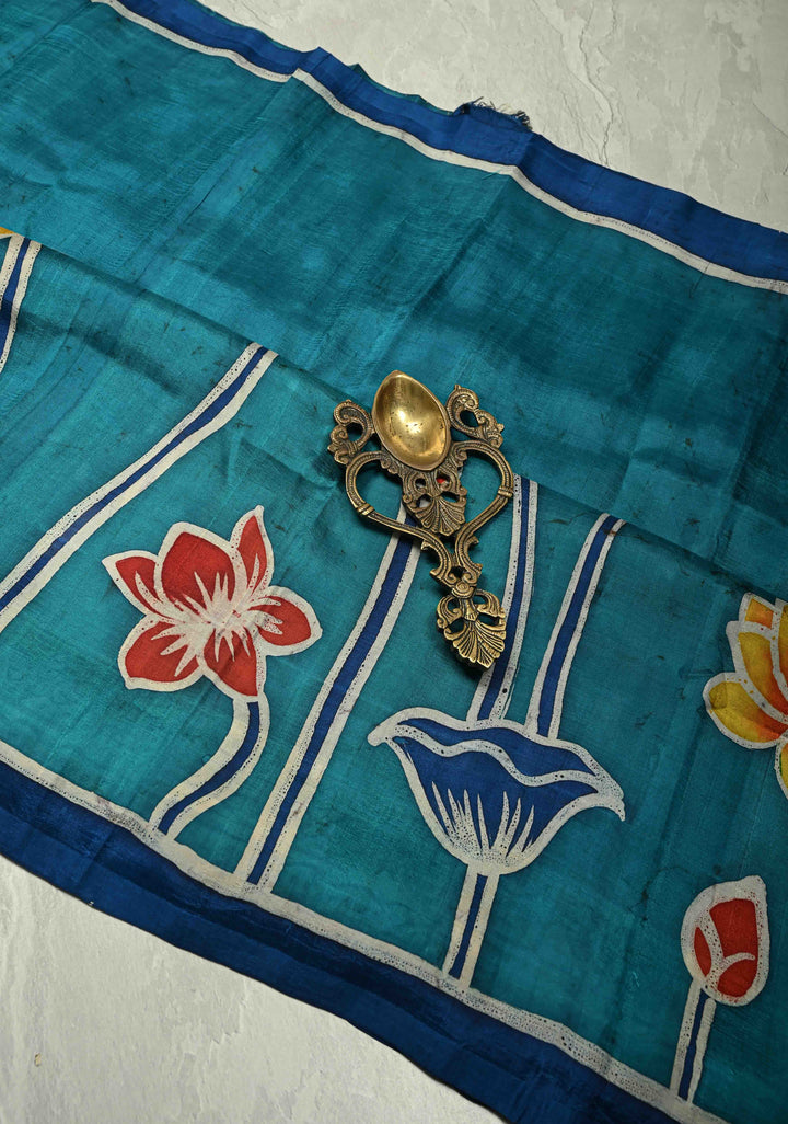 Black Hand Wax Batik Print on JLightweight Tussar Silk saree with Krishna and Peacock Feather Design | SILK MARK CERTIFIED (Copy)