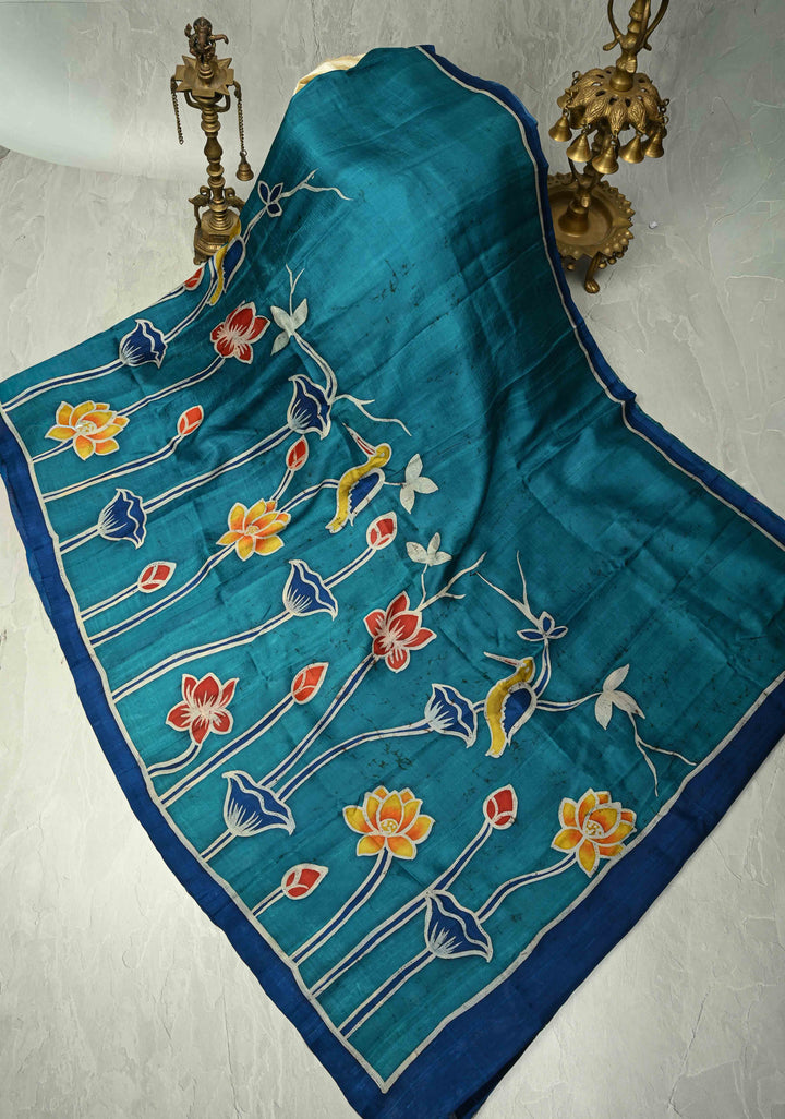Black Hand Wax Batik Print on JLightweight Tussar Silk saree with Krishna and Peacock Feather Design | SILK MARK CERTIFIED (Copy)