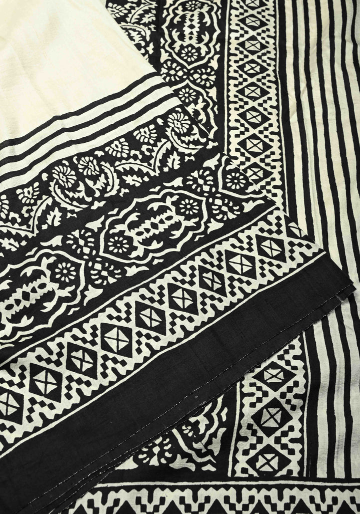 Off White Pure Handloom Silk Saree with Block Print and Contrast Border | SILK MARK CERTIFIED