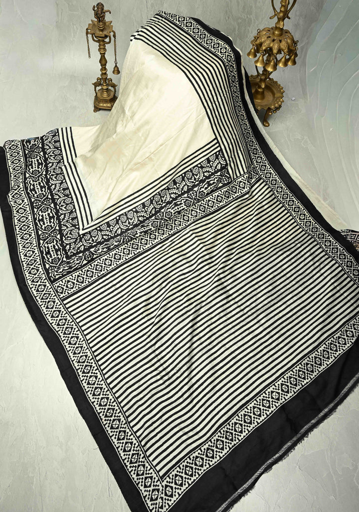 Off White Pure Handloom Silk Saree with Block Print and Contrast Border | SILK MARK CERTIFIED