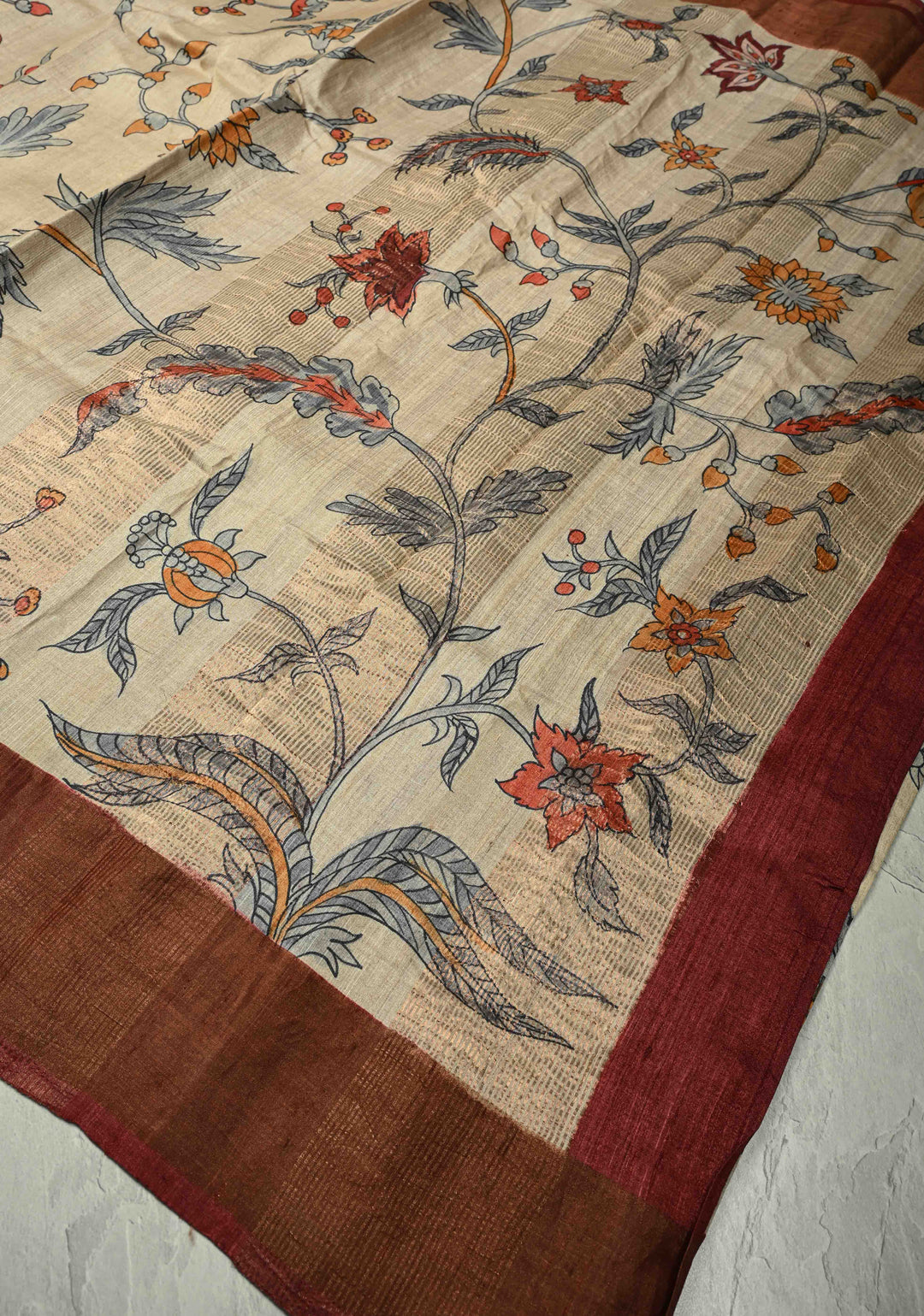 Kora Color Pure Handloom Jari Tussar Silk saree with Floral Hand painted and Contrast Zari Border | SILK MARK CERTIFIED