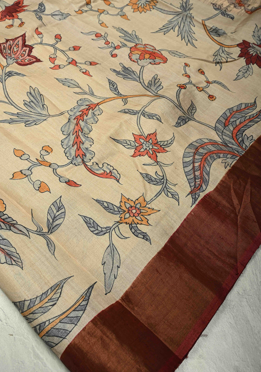 Kora Color Pure Handloom Jari Tussar Silk saree with Floral Hand painted and Contrast Zari Border | SILK MARK CERTIFIED