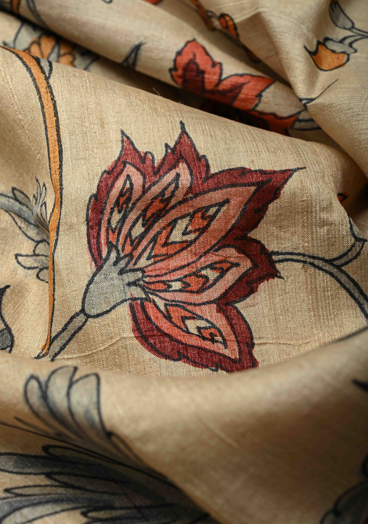 Kora Color Pure Handloom Jari Tussar Silk saree with Floral Hand painted and Contrast Zari Border | SILK MARK CERTIFIED