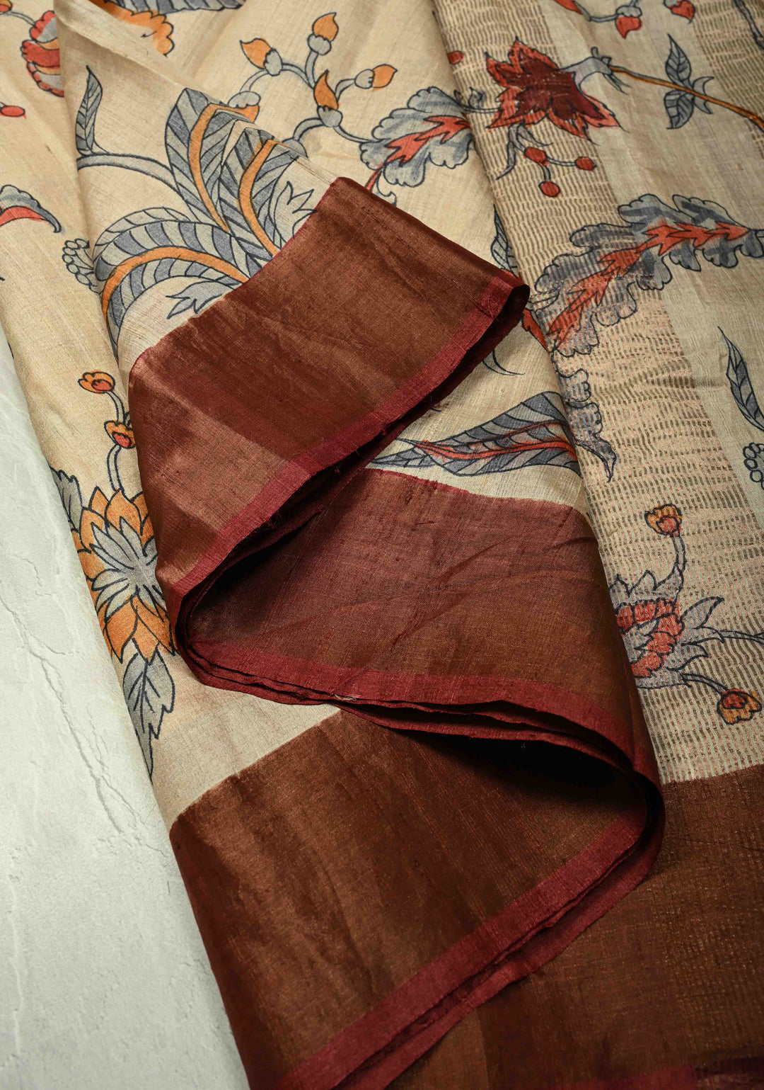 Kora Color Pure Handloom Jari Tussar Silk saree with Floral Hand painted and Contrast Zari Border | SILK MARK CERTIFIED