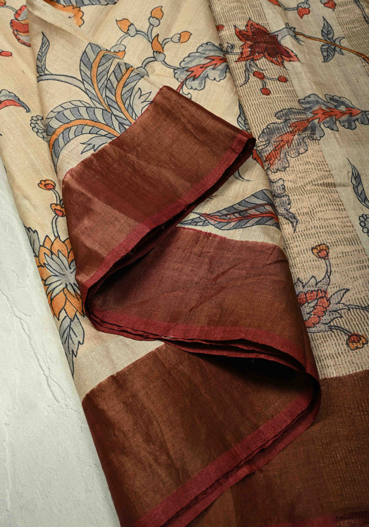 Kora Color Pure Handloom Jari Tussar Silk saree with Floral Hand painted and Contrast Zari Border | SILK MARK CERTIFIED