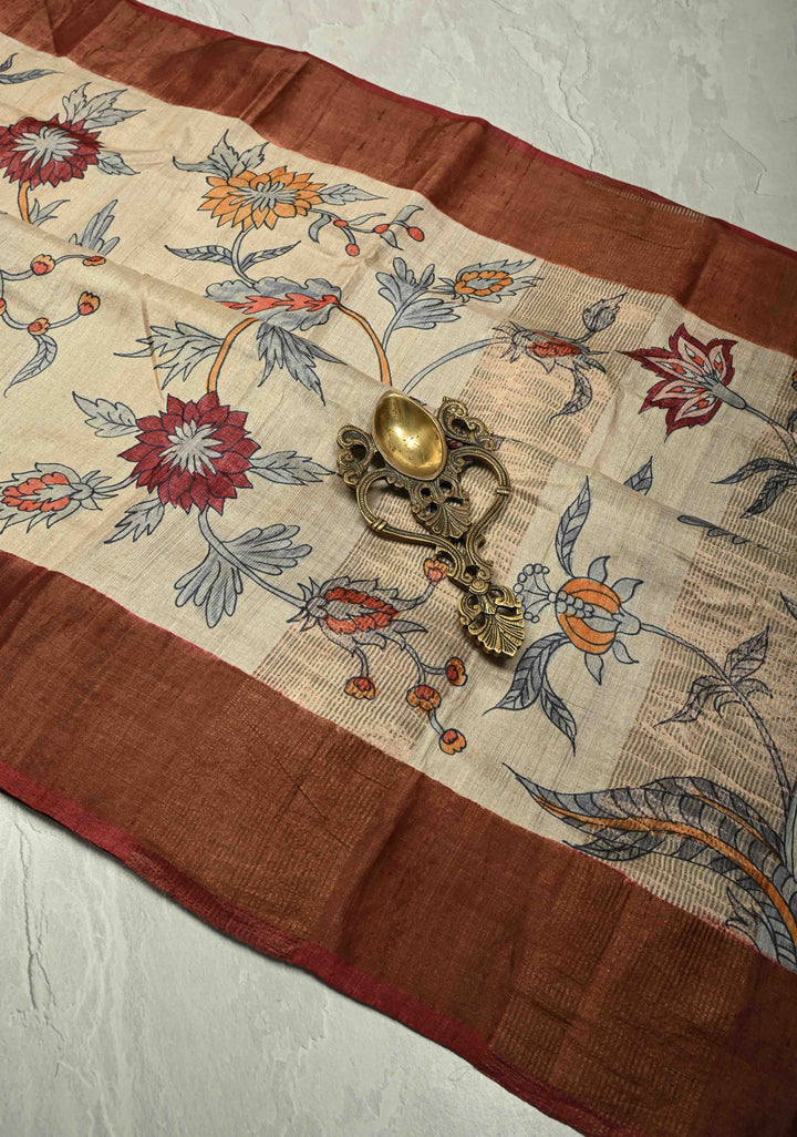 Kora Color Pure Handloom Jari Tussar Silk saree with Floral Hand painted and Contrast Zari Border | SILK MARK CERTIFIED