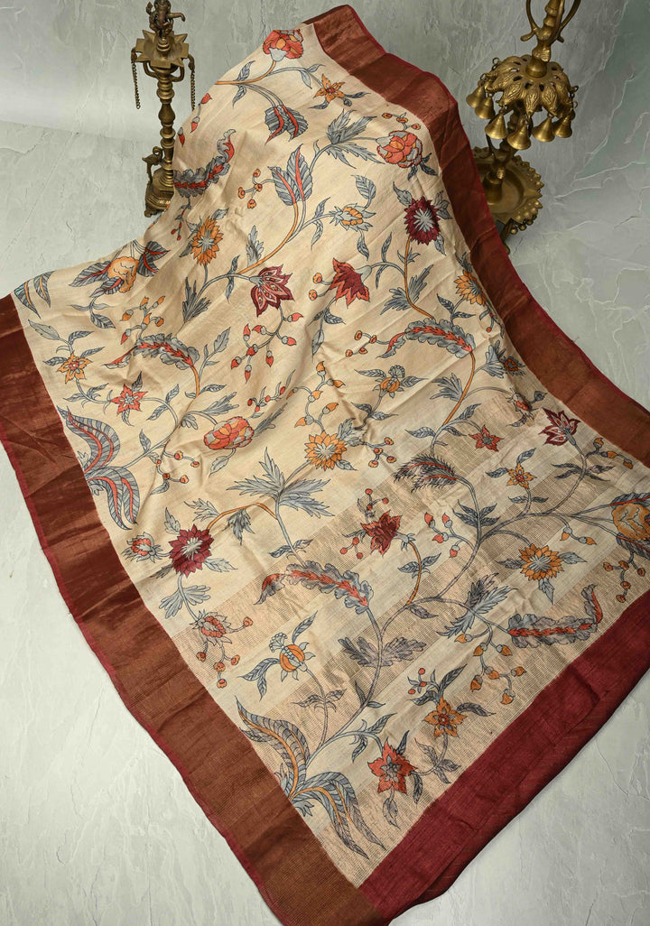 Kora Color Pure Handloom Jari Tussar Silk saree with Floral Hand painted and Contrast Zari Border | SILK MARK CERTIFIED