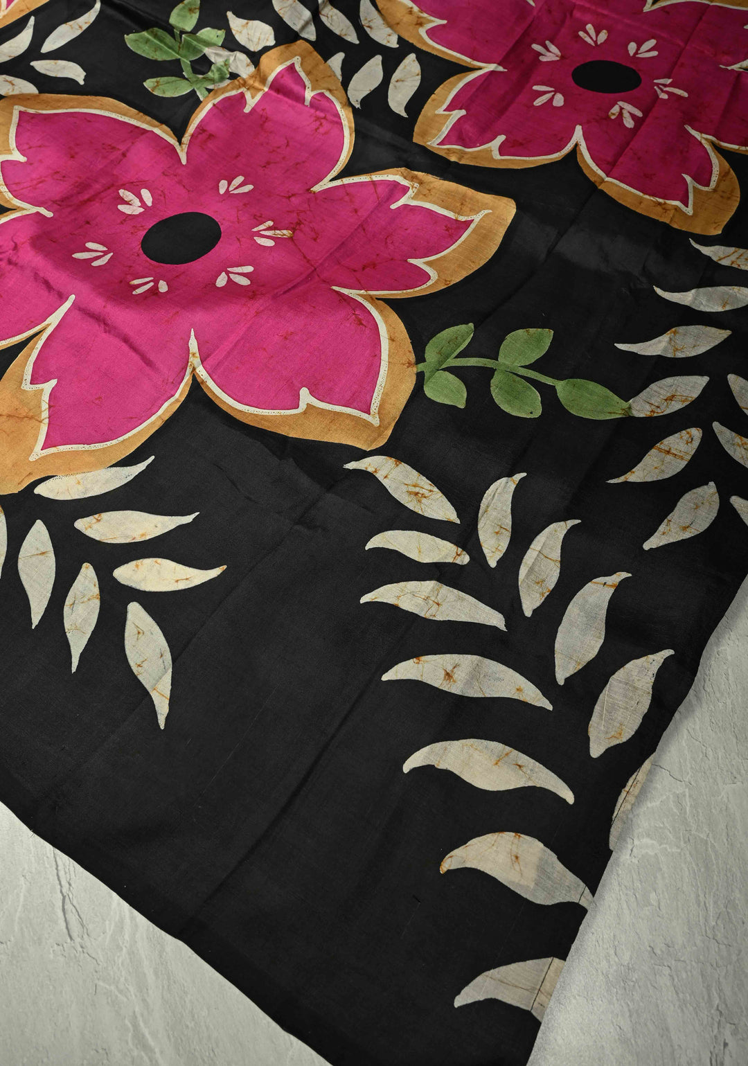 Beige Bishnupuri Silk Saree with Floral Hand Wax Batik Print and Skirt Border, Pallu| SILK MARK CERTIFIED