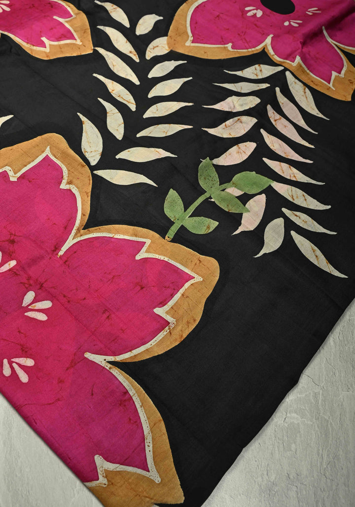 Beige Bishnupuri Silk Saree with Floral Hand Wax Batik Print and Skirt Border, Pallu| SILK MARK CERTIFIED