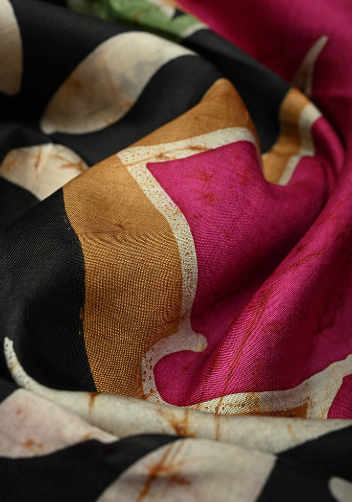 Beige Bishnupuri Silk Saree with Floral Hand Wax Batik Print and Skirt Border, Pallu| SILK MARK CERTIFIED