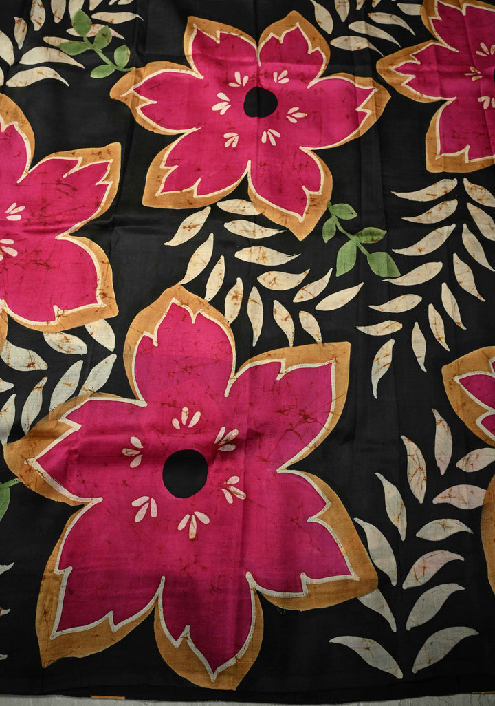 Beige Bishnupuri Silk Saree with Floral Hand Wax Batik Print and Skirt Border, Pallu| SILK MARK CERTIFIED